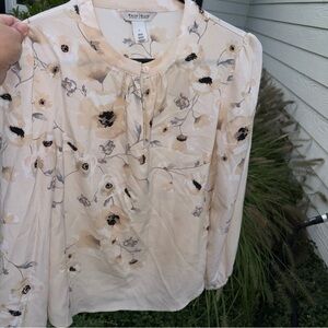 White House Black Market Floral Blouse - Cream and Black